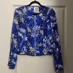 Jaase Boho Floral Cropped Blue Zipper Jacket EUC